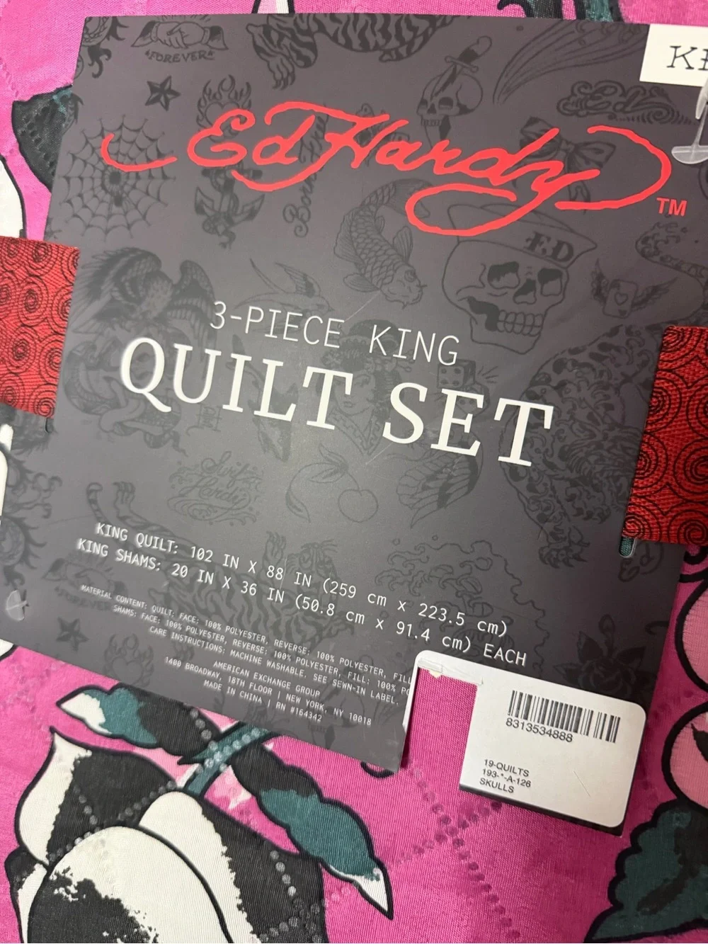Ed Hardy Pink Skull Rose 3 Piece Quilt Set King Size Bedding w/ Pillow Shams NWT